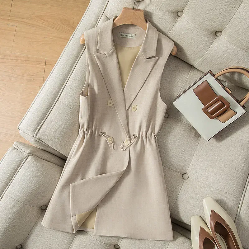 

Korean Blazer Vest Spring Autumn Women Turn-Down Collar Waistcoat All-Match Office Lady Solid Color Sleeveless Outwear E21