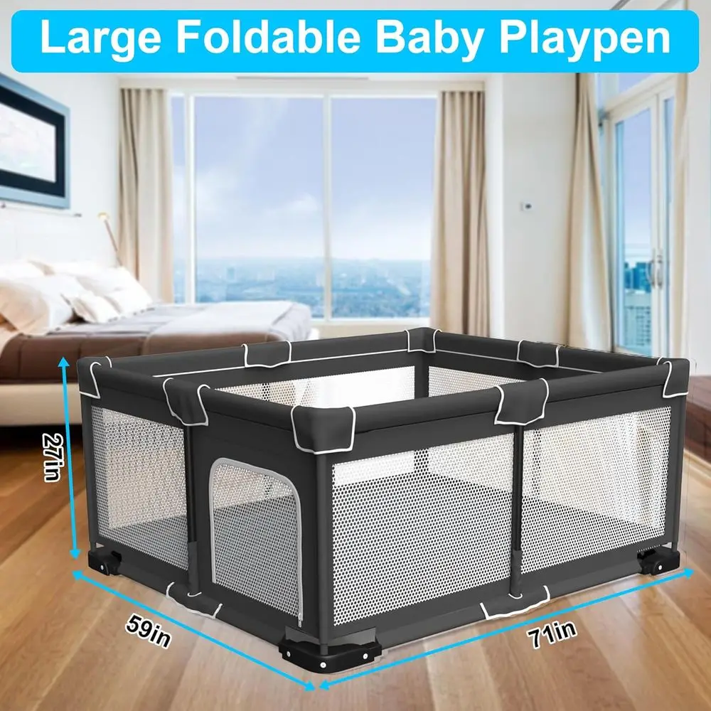 Draagbare opvouwbare box met mat voor baby's en peuters, grijs, 59x71 inch
