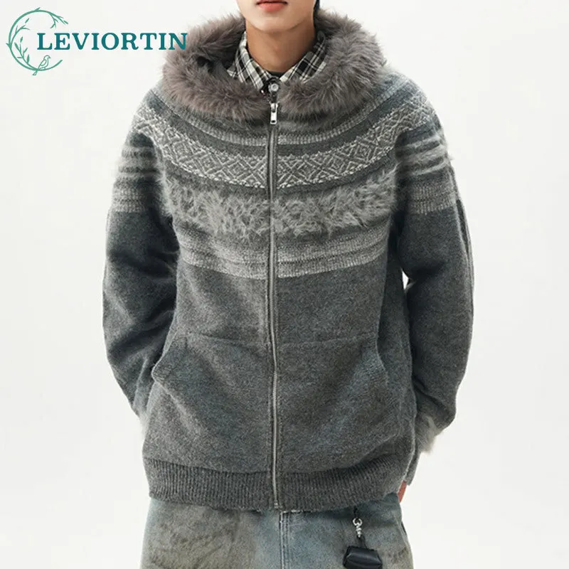 

2025 Autumn and winter men's and women's fashionable simple fur collar hooded retro couple splicing knitted cardigan jacket