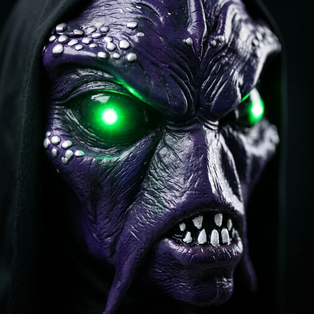 LED Glowing Green Eyes Alien Monster Mask in Purple Latex Full Head Mask with Tendrils Hood Scary Cosplay Party Halloween Props 6