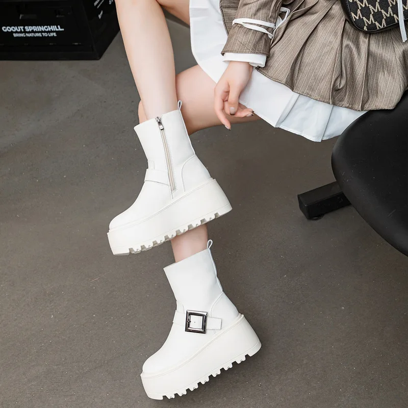 Fujin 8cm New Synthetic Cow Genuine Leather Winter Plush Spring Knee High Ankle Boots Woman ZIP Motorcycle Autumn Fashion Shoes