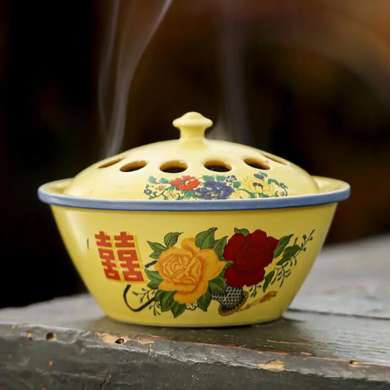 Chinese Style Enamel Nostalgic Sandalwood Coil Incense Holder Retro Aromatherapy Burner Fragrance Bowl Item Home Decor