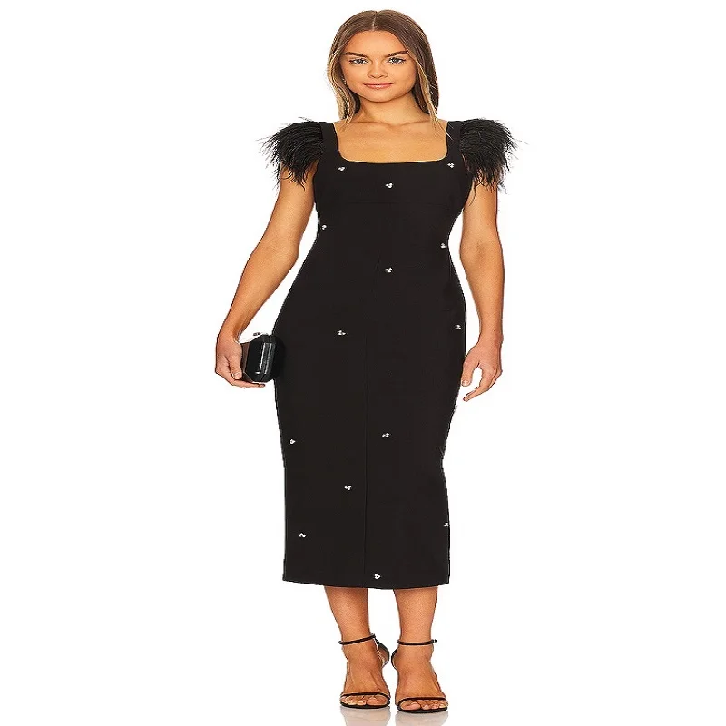 

Sexy Women Sleeveless Dress Fashion Velvet Square Collor Solid Elegant Black Feathers Bodycon Clothes Party Club Outfits Femmer