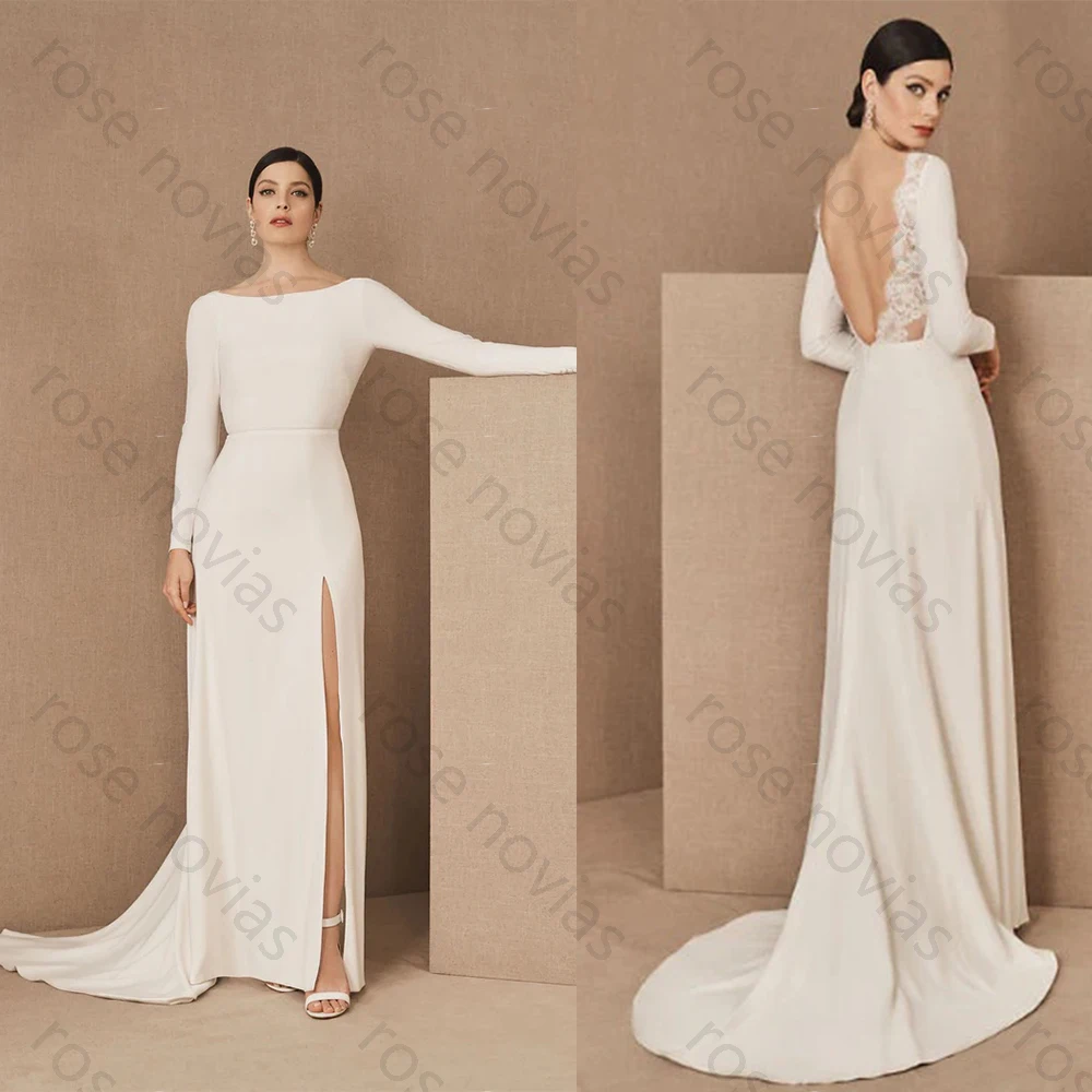 Vestido de Novia de Crepé Blanco Sencillo Personalizado de Alta Calidad con Escote Redondo, Corte en A, Abertura y Encaje, Largo hasta el Suelo, para Bodas Civiles y la Novia
