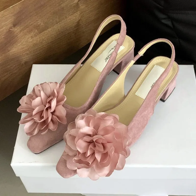 

Flower Design Chunky Heels Mules Shoes Women Elegant Suede High Heels Pink Pointed Toe Low Heel Sandals Mary Jane Women Pumps