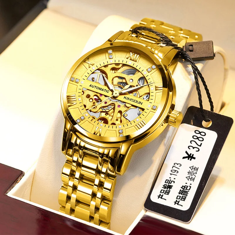 Stainless Steel New Gold Dual-Sided Skeleton Luminous Waterproof Precision Steel Band Self-Wind Automatic Watch for Men