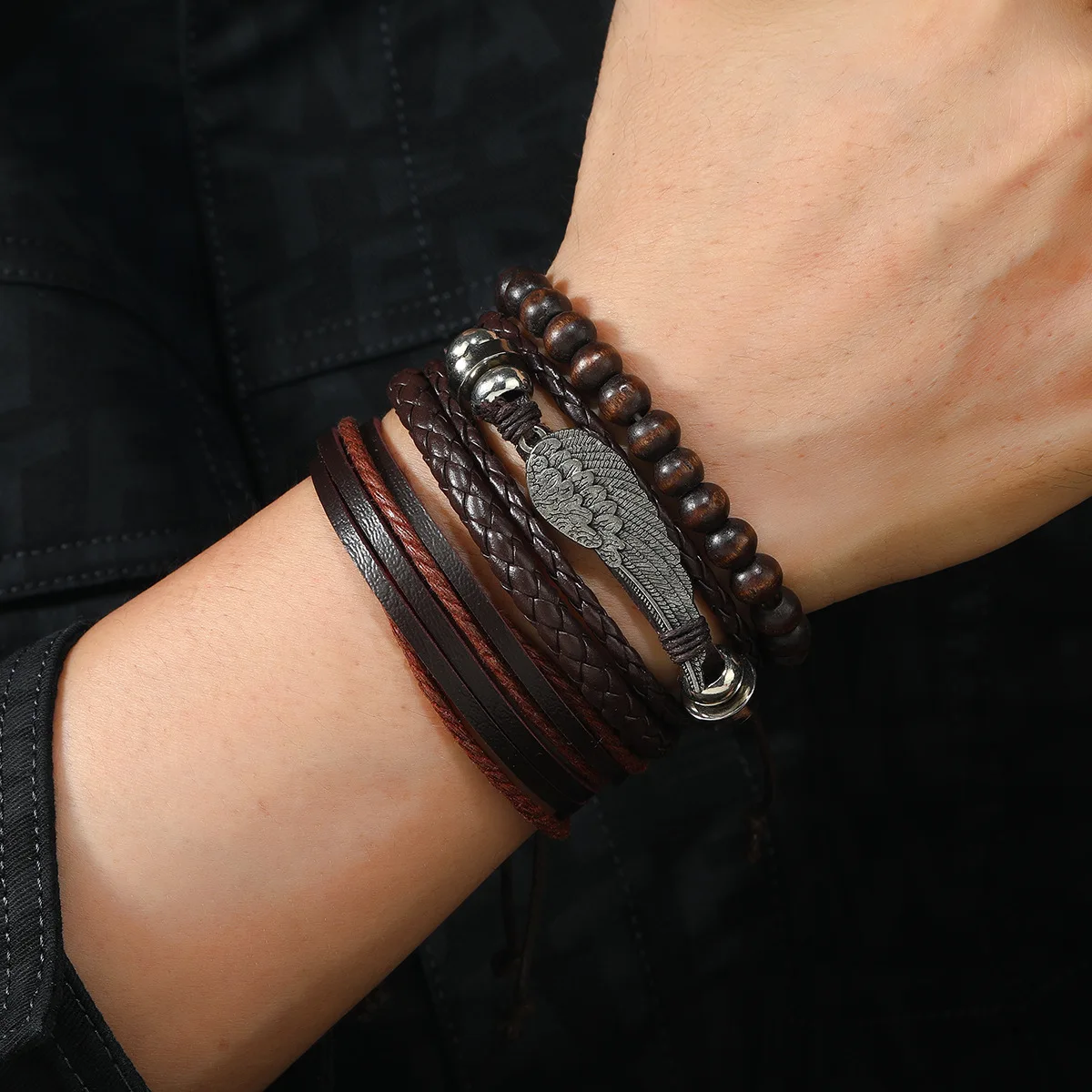 Leather Bracelet For Men New Fashion Feather Retro Style Bracelet Beads, Hand-Diy Woven Leather Bracelet Set