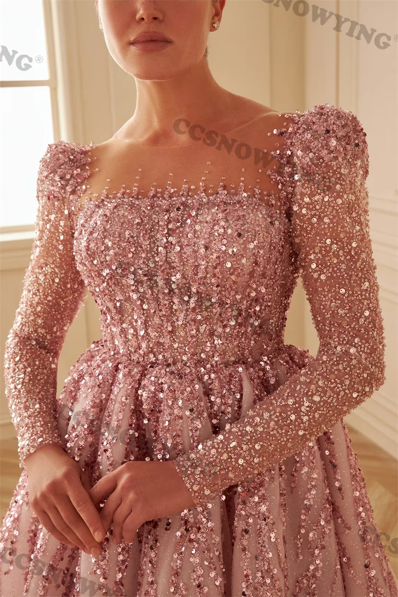 Luxury Appliques Beaded Long Sleeve Evening Dresses Sheer Neck Ball Gown Formal Party Dress Women Arabic Dubai Robe De Soiree