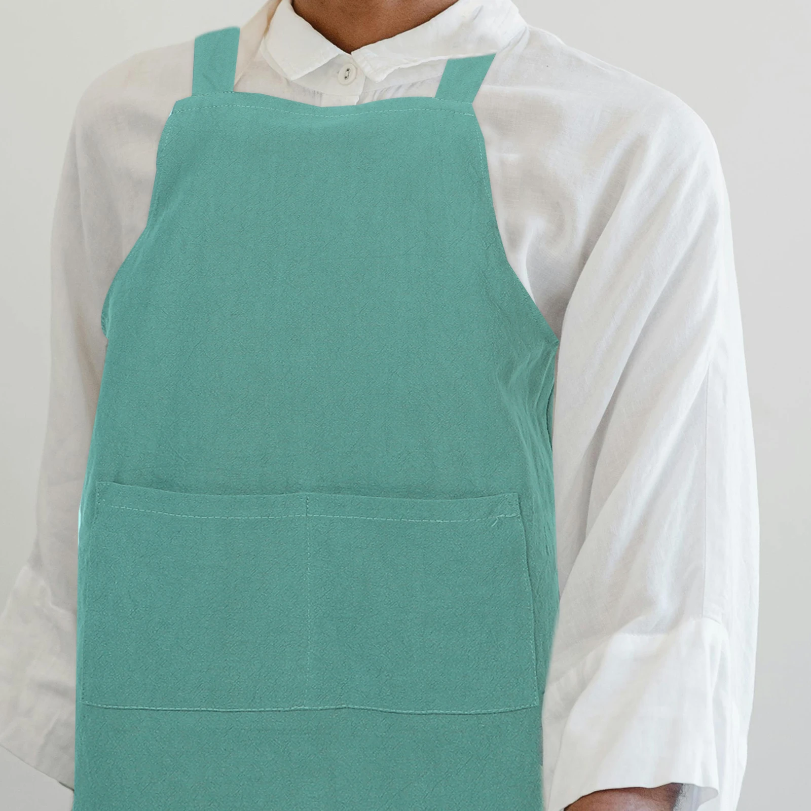 

Japanese Style Cotton Linen Apron Solid Color Dirt Proof Apron Cross Back Kitchen Cooking Apron (Green Gray Random Pattern)
