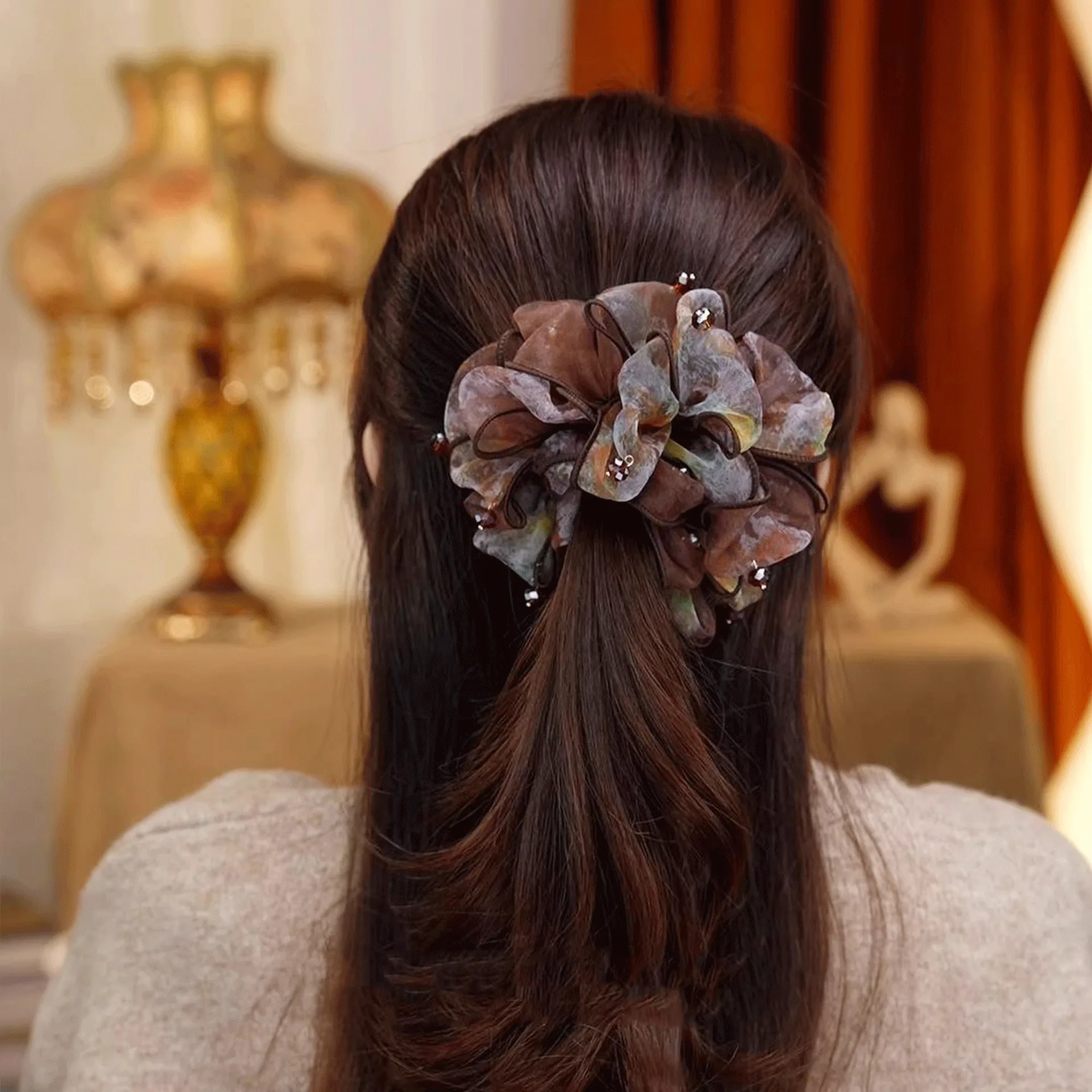Premium Mesh Scrunchie Brown High Elastic Ponytail Holder For Women Back Of Head Daily Extra Volume Non Slip Soft