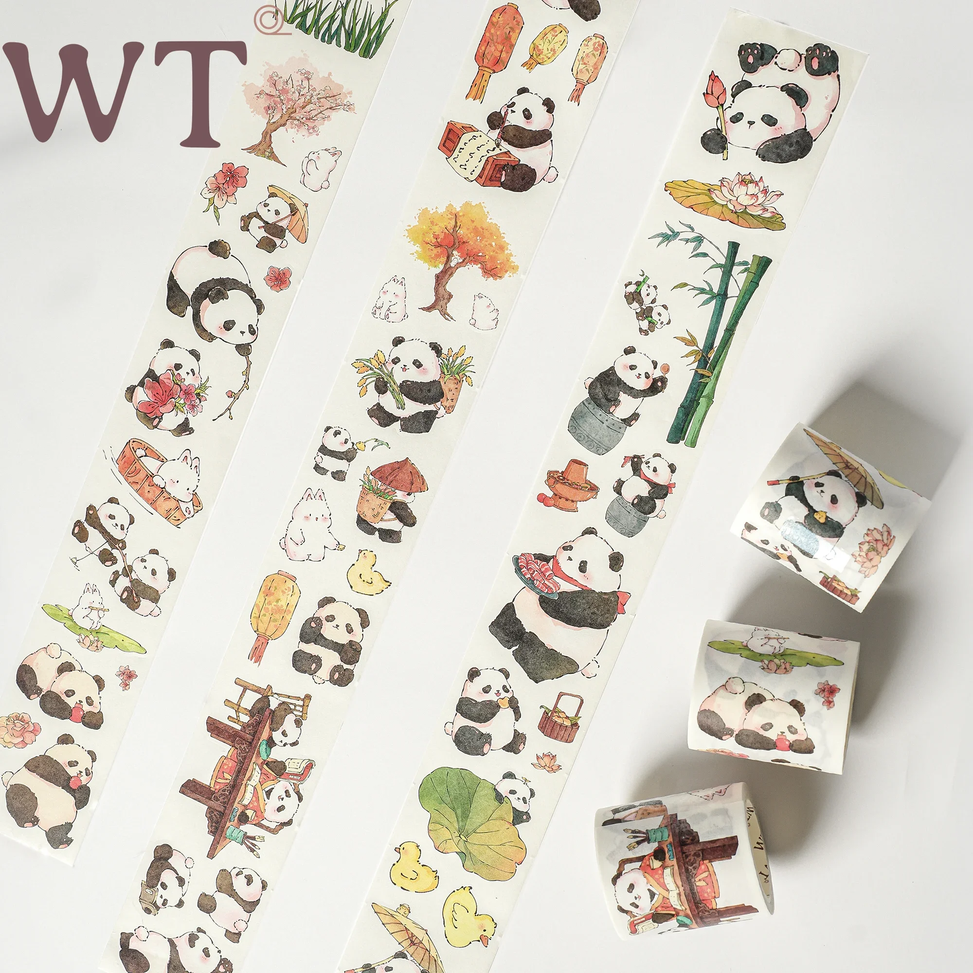 WT Washi Pet Tape Panda's Wonderful Journey, National Style Cute Animal Panda and Paper Tape Die-cut