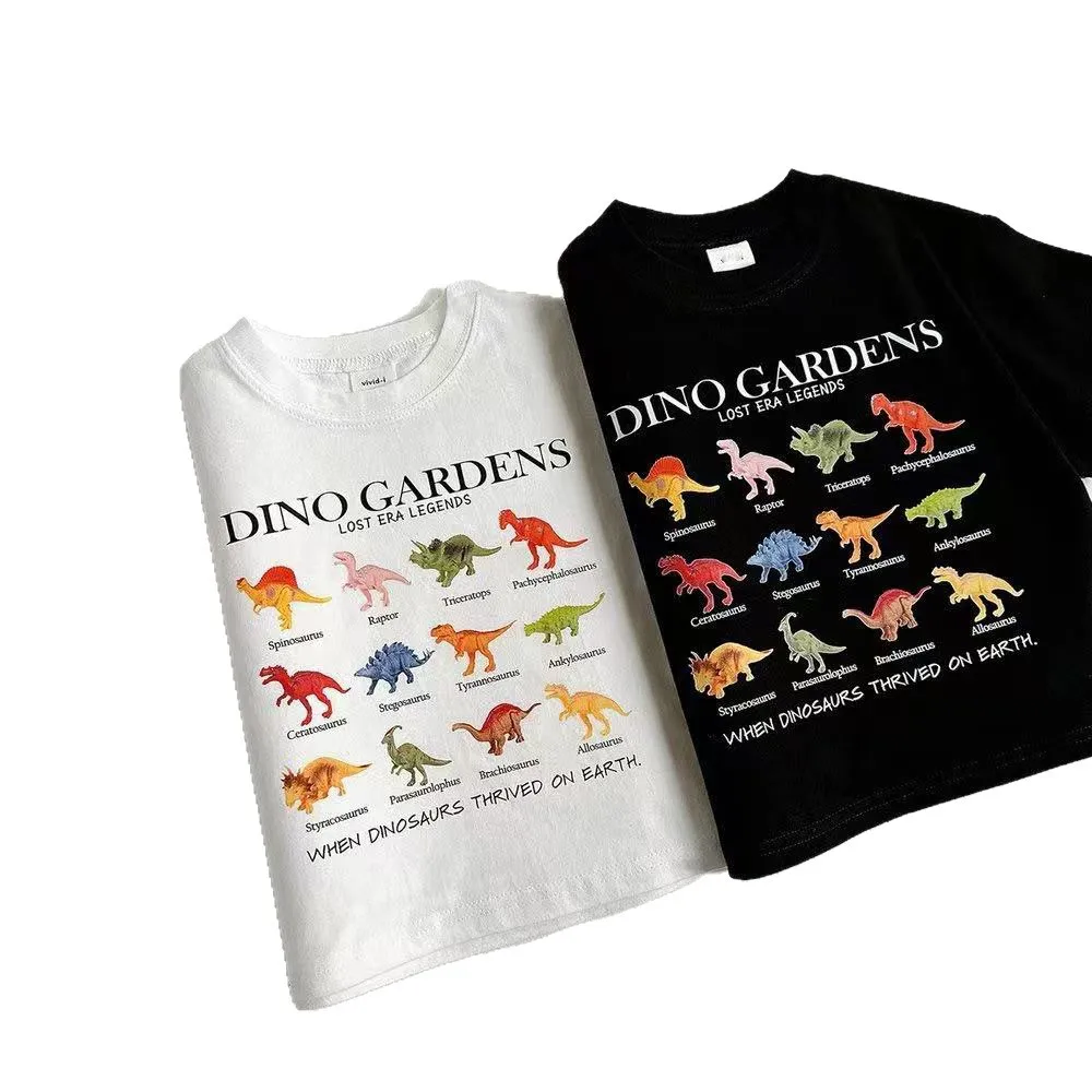 

2025 Summer New Children's Foot Size Short Sleeve T-shirt White T-shirt Top for Boys' Casual Fashion Dinosaur Top