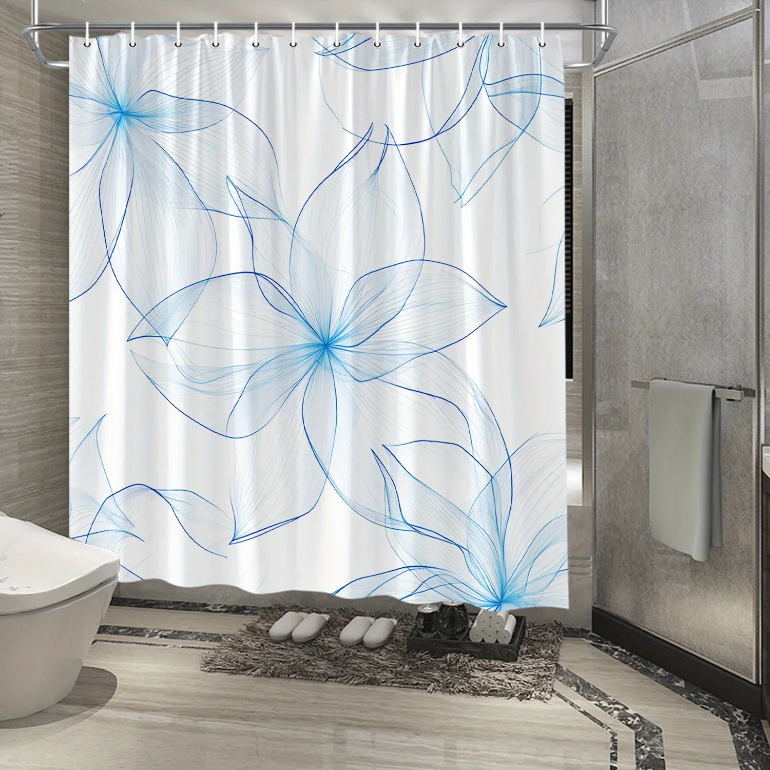 

1pc Blue Floral Pattern with Transparent Petals Shower Curtain, Polyester Fabric, Elegant Minimalist Design, Bathroom Decor