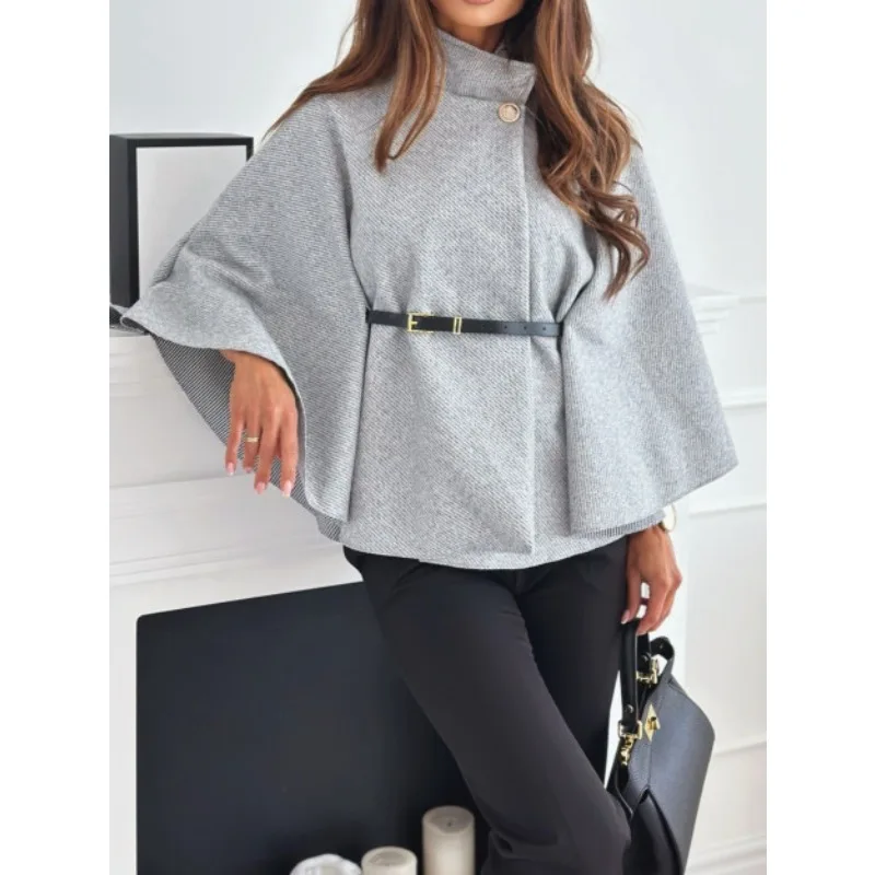 

S-XXL New Women's Fashionable Solid Color Long Sleeve Coat Ladies Casual Waist Strap Casual Woolen Cape Style Jacket
