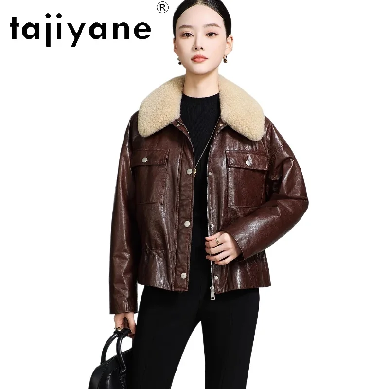TAJIYANE جلد الغنم الحقيقي الأبيض أوزة أسفل معطف امرأة الصوف طوق سترة جلدية حقيقية معاطف الشتاء القصيرة 2025 ملابس حريمي كورت #1