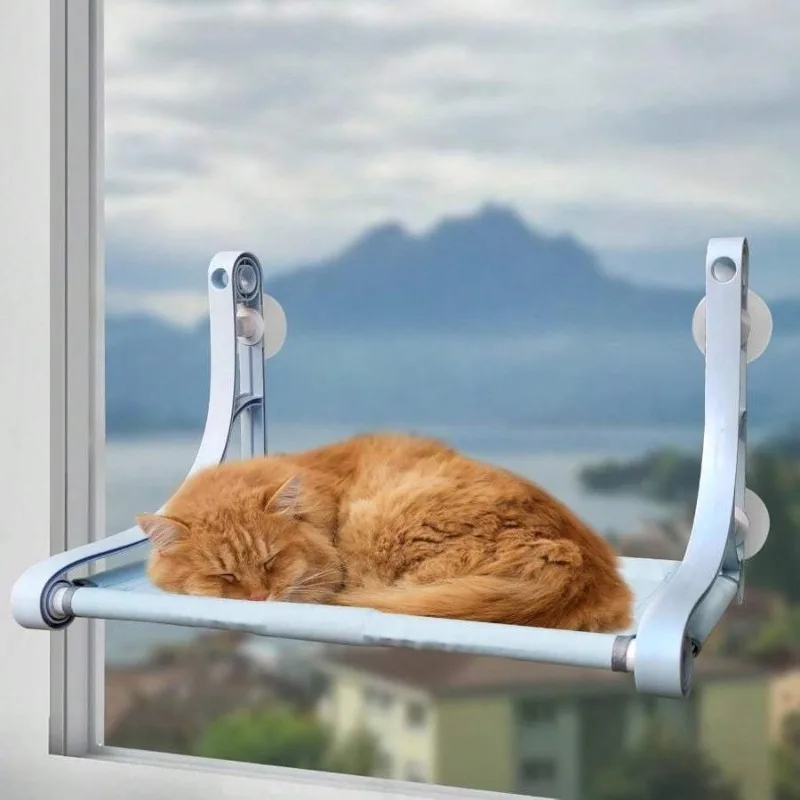 1Pc Blue Cordless Cat Window Perch Hammock with 4 Strong Suction Cups Sturdy Frame Soft Removable Double Fabric Cushion Cover Safe Comfort Window Bed for Indoor Cats
