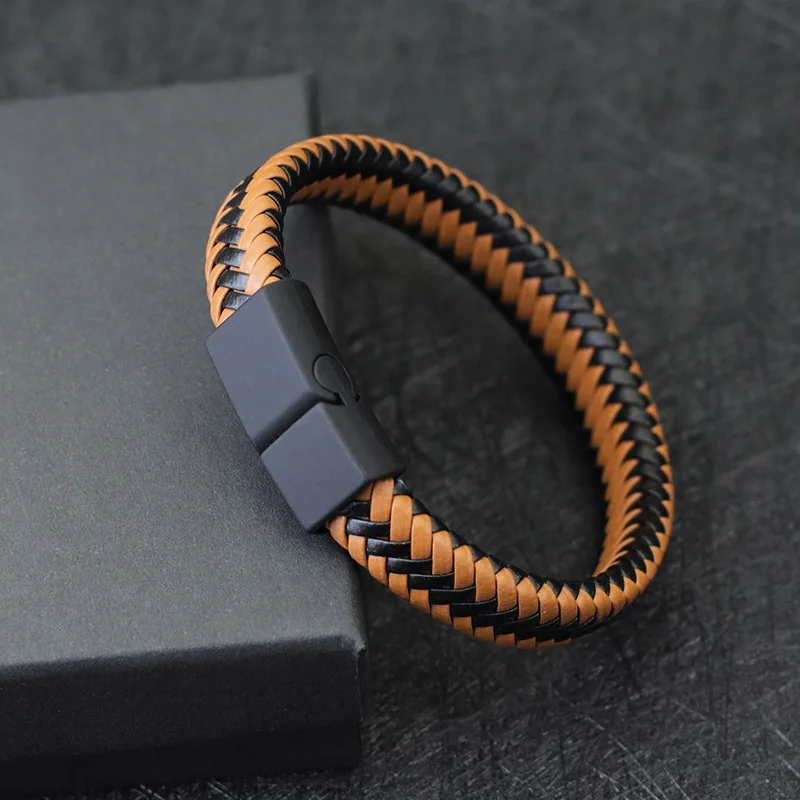 Noter Men Leather Bracelet Bangle Black Braided Magnetic Clasp Punk Braclet Homme Hand Accessories Gift For Him Pulsera Hombre