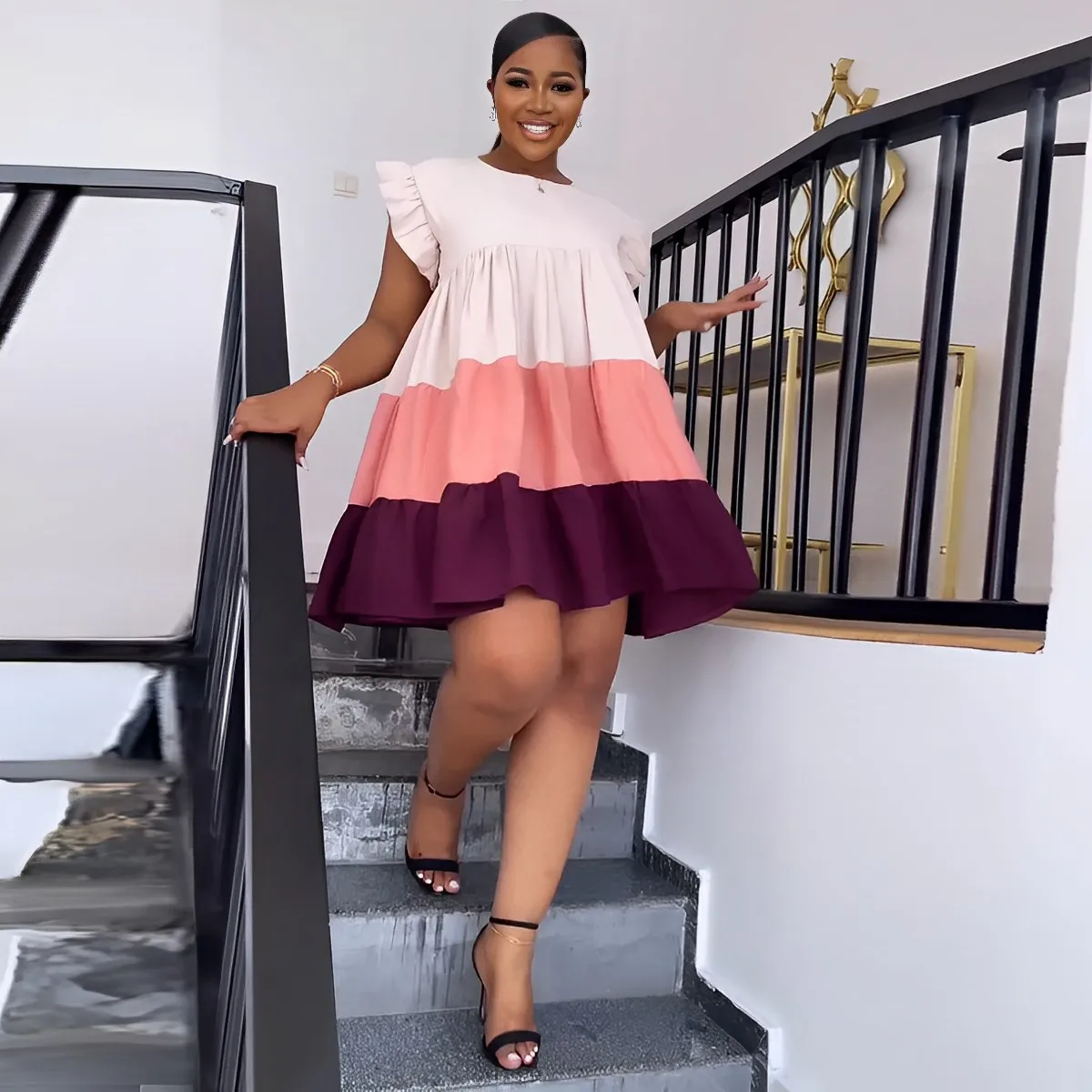 Sister Star Women's Spring and Summer Comfortable Casual Round Neck Ruffled Sleeve Color Collision Splicing Hem Loose Dresses