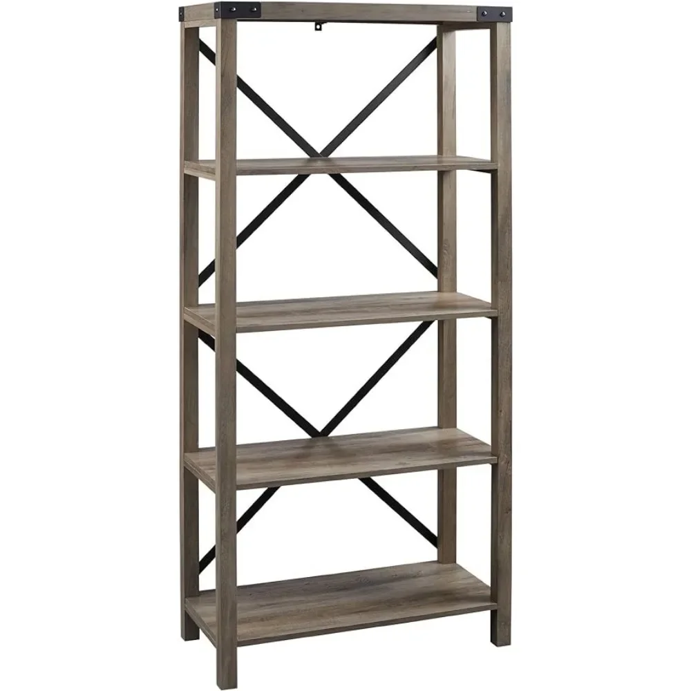 Walker Edison Andersen Urban Industrial Metal X Back 4 tier Bookshelf, 64 Inch, Grey Wash