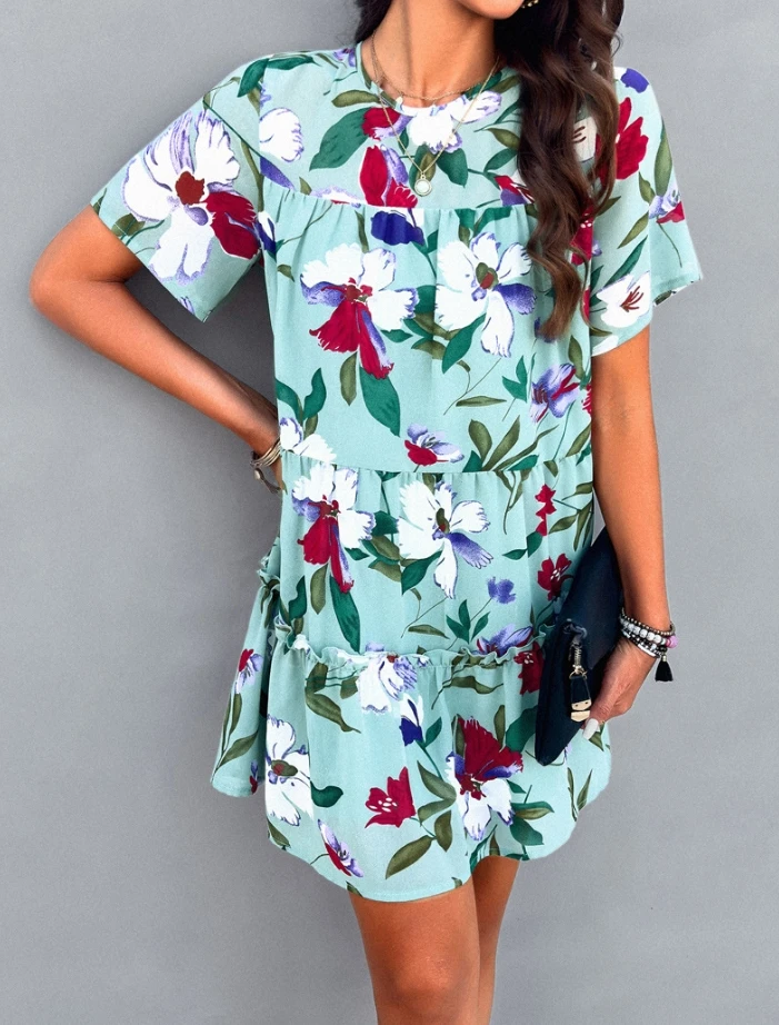

Women's round neck five quarter sleeve temperament commuting style 2024 summer new vacation printed short sleeved dress
