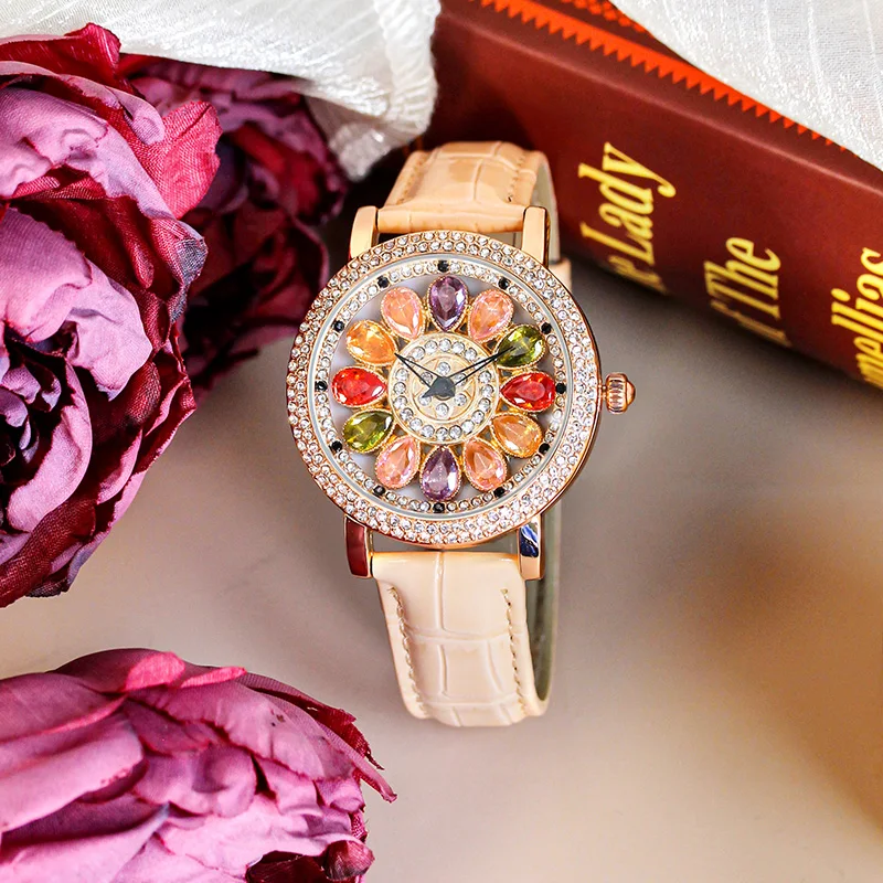 

Женские модные часы с розовым кожаным ремнем и уникальным вращающимся циферблатом и красочным кварцевым механизмом Candy