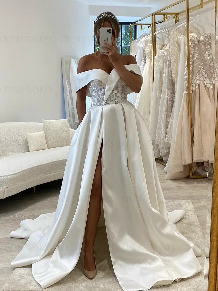 Sexy Satin Wedding Dresses Off-The-Shoulder Long Wedding Bride Dress High Quality Slit Dresses For Wome 2024 Vestidos De Novia