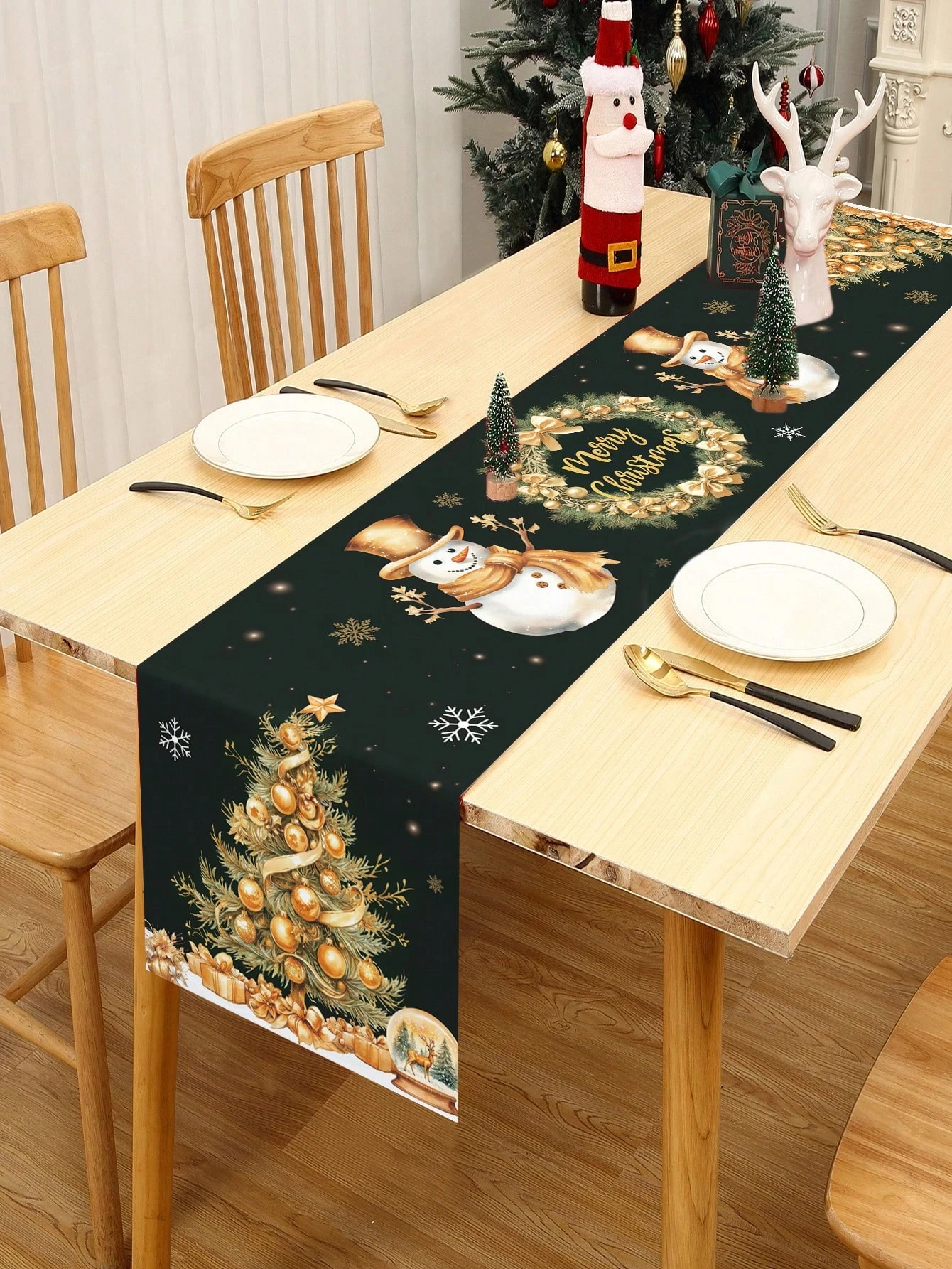 1pc Black Gold Christmas Decor  Table Runner  Christmas Tree/Wreath/Snowman Pattern, Flat Print, Ideal for Merry Christmas Party