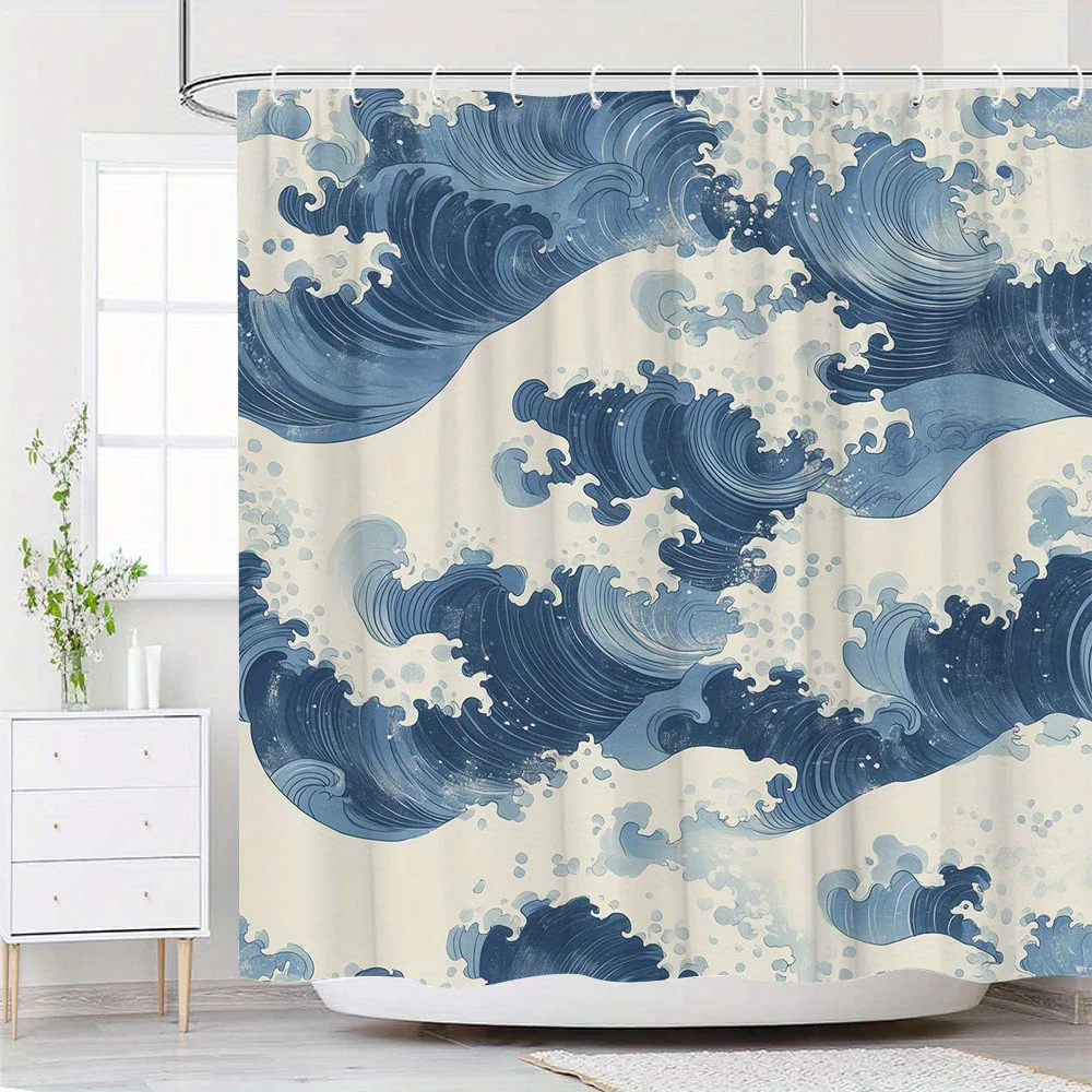 

Занавеска для душа Ocean Wave в японском стиле | Полиэстер, 70х70 дюймов | Синий бирюзовый и белый кремовый градиент | Художественный дизайн волнистых