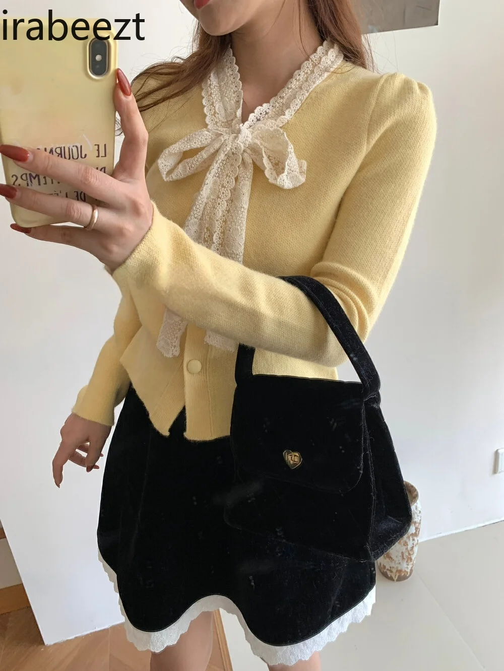 New Korean Trendy Splicing Lace Strap Sweet Warm Sweater Sueters De Mujer Regulai Fit Yellow Winter Cardigan Women