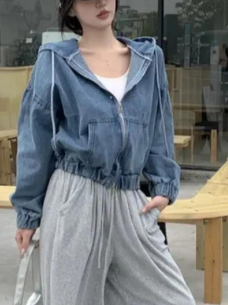 East Gate 2025 春秋 カジュアル クールガール レトロ フード付き ドローストリング 防風 デニムジャケット レディース ファッション ストリートウェア