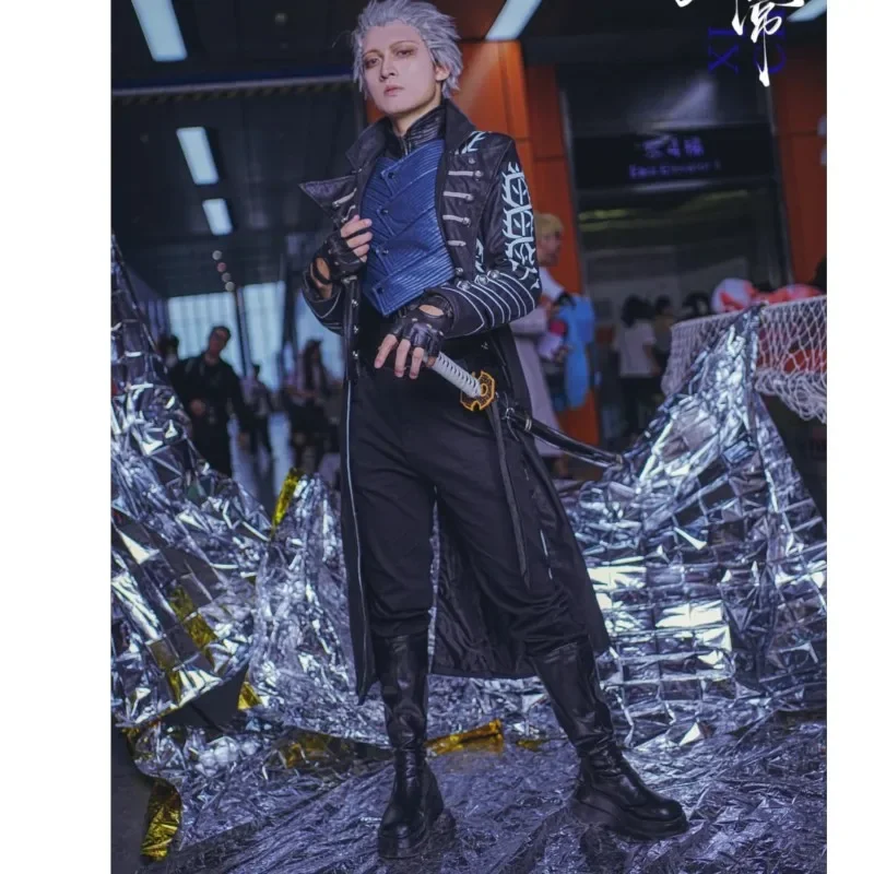 Hot Game DMC5 Cosplay Vergil Costume Nelo Complete Outfit with Boots Halloween Carnival Men Suit Jacket Vest Custom Made