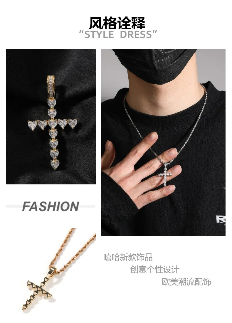 Heart Shape Cross Bling Bing Iced Out Pendant Necklace Rock Rapper Fashion Hip Hop Jewelry BP272