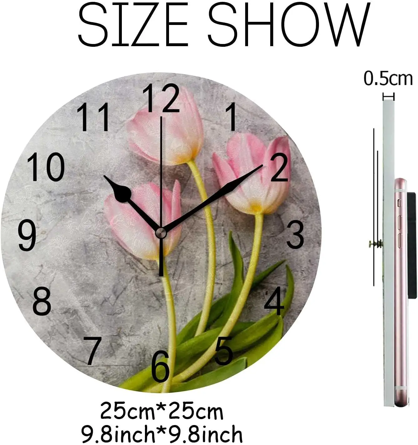 Generic Wall Clock Kitchen Large Clocks Wall Silent Beautiful flower Pink Tulips Quartz Battery Operated Non-Ticking Home Office