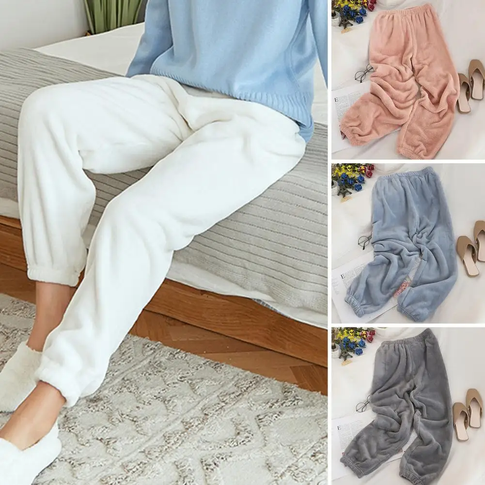 Women Winter Pants Pajama Homewear Thick Warm Plush Coral Fleece Elastic Waist Loose Ankle-banded Cozy Soft Lady Casual Trousers