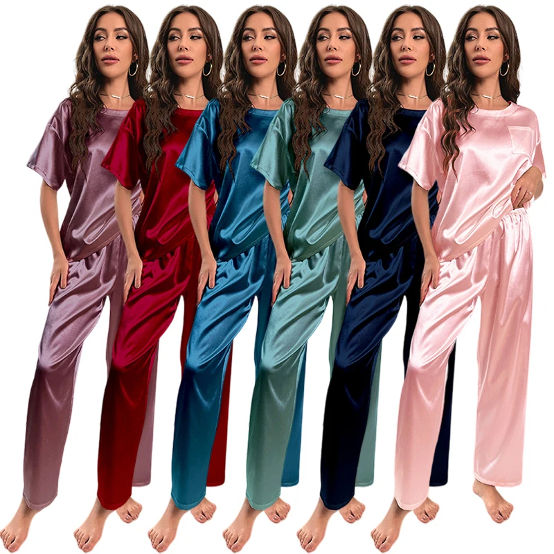 Ensemble pyjama en satin rose pour femmes, vêtements de nuit printemps-été, manches courtes, haut et short décontractés, 2 pièces