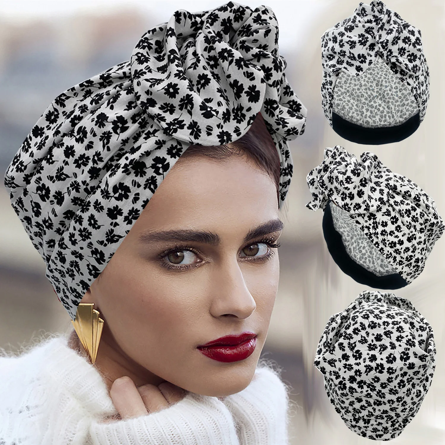 

2023 Leopard Printed Women's Turban Cap Cotton Lady Twisted Head Wraps French Retro Female Bonnet Hat Female Hair Cover Beanies