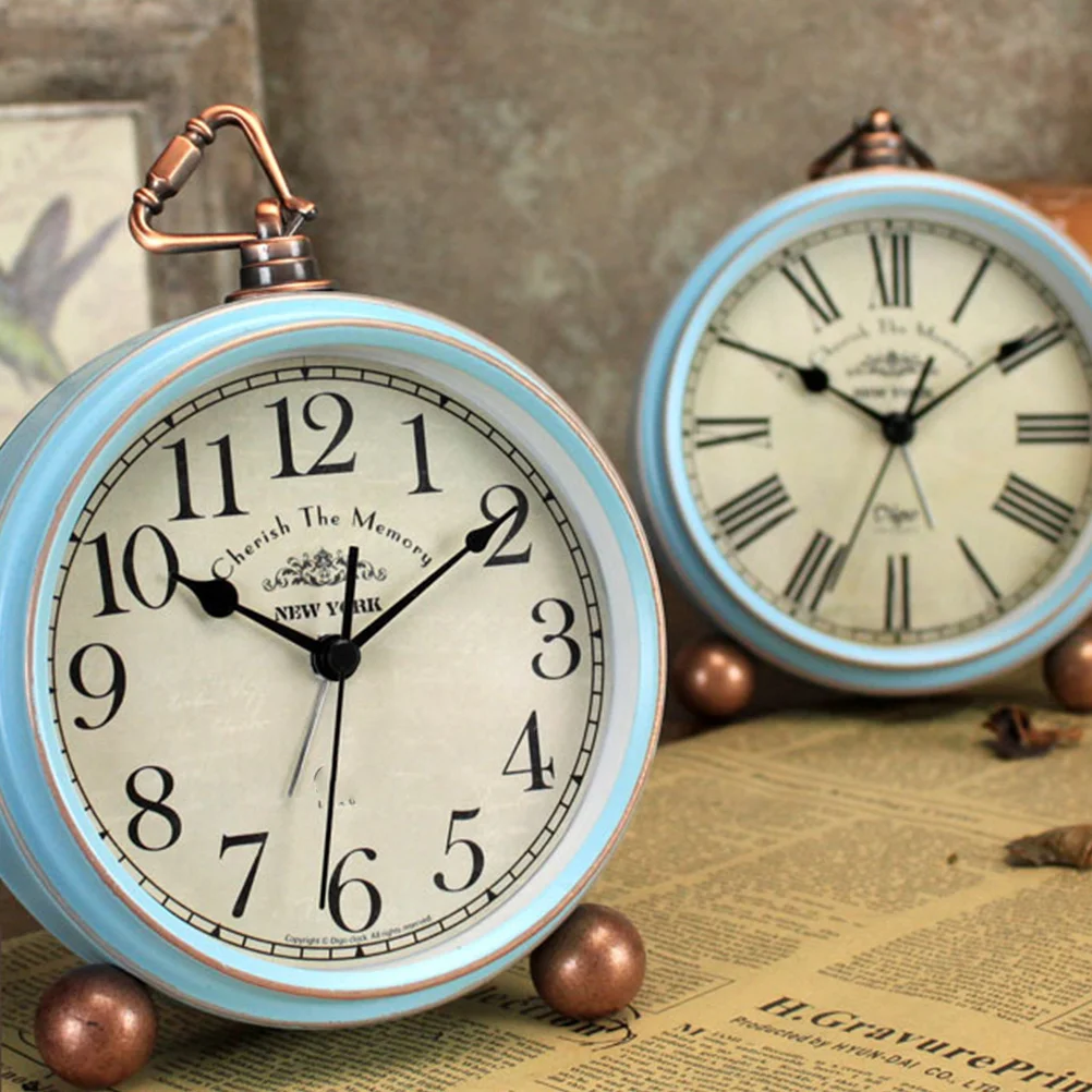 

1pc Retro Desk Metal Alarm For Home Table Metal Clock Office Decor Vintage Table Desk Clock Timepiece Blue Roman Numerals