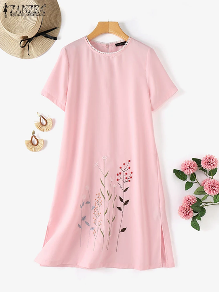 Bohemian Floral Embroidery Midi Sundress ZANZEA Fashion Summer O Neck Short Sleeve Dress Women Robe Femme Casual Party Vestido