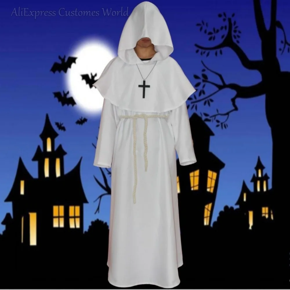 Cavaliere medievale monaco con cappuccio costume cosplay medico della peste cos uomini adulti halloween cosplay rinascimentale sacerdote veste mago