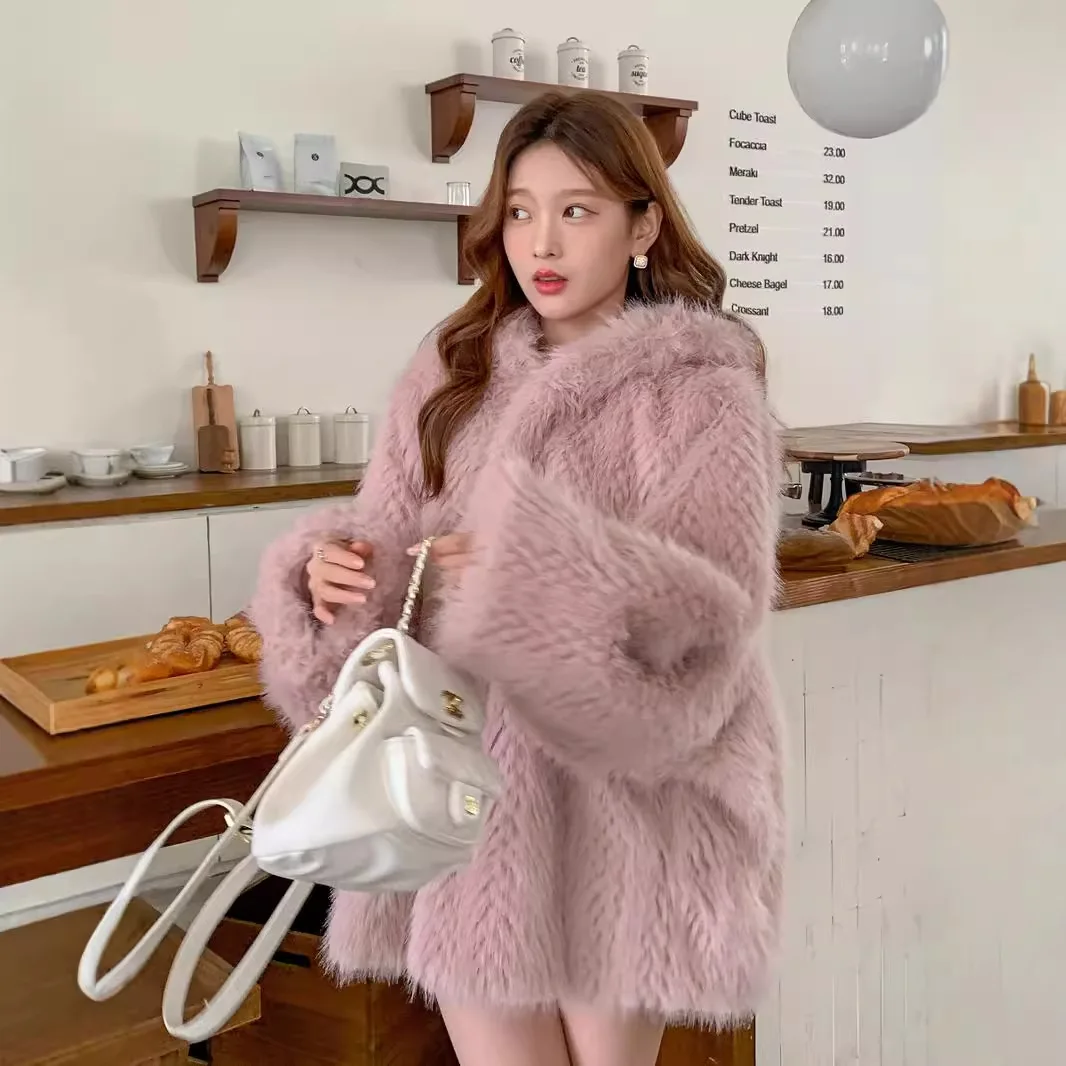 Women Faux Fur Coats Hooded Solid Overcoats Long Sleeves Open Stitch Fluffy Loose Thick Office Lady Casual 2025 Autumn Winter