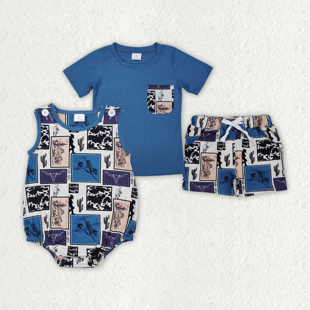 

BSSO1286 Wholesale Summer kids clothes boys alpine bull head pocket blue shorts sleeve shorts sets Boutique baby boy clothes