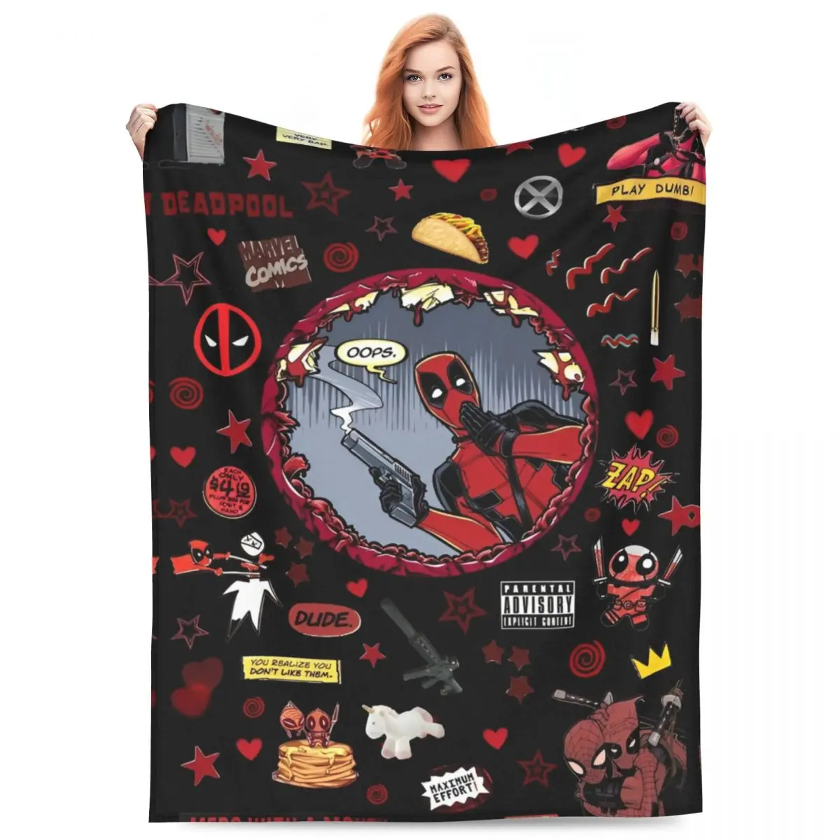 

Warm Blanket Travel Office Cartoon Anime Deadpool Bedding Throws Flannel Bedspread For Couch Chair Novelty Sofa Bed Cover
