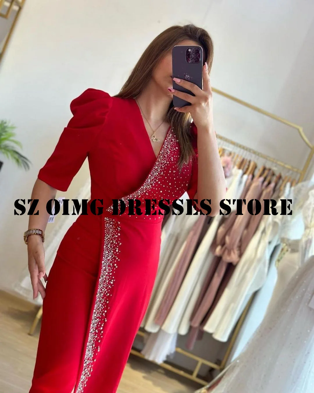 OIMG New Design Beading V-Neck Sheath Prom Dresses Arabic Women Ruched Half Sleeves Red  Gowns Formal Party Dress Customized