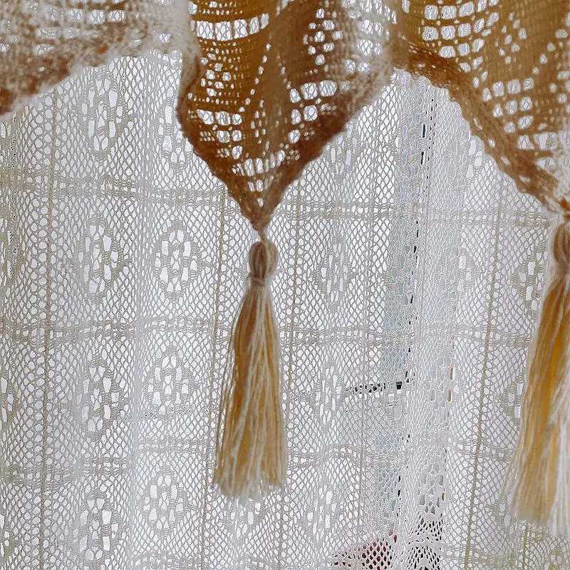 1Pc Pastoral Style Cotton Crocheted Short Curtains Lace With Tassel Cafe Curtain Decorative Valance For Living Room Kitchen