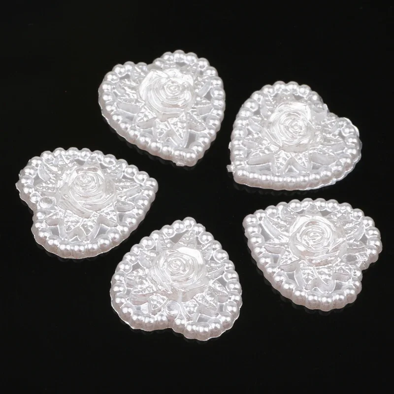 200pcs 17x18mm White/Ivory Color Heart Shape With Rose Flower Flat Back Simulated Pearl Beads For Phone Decoration DIY Jewelry