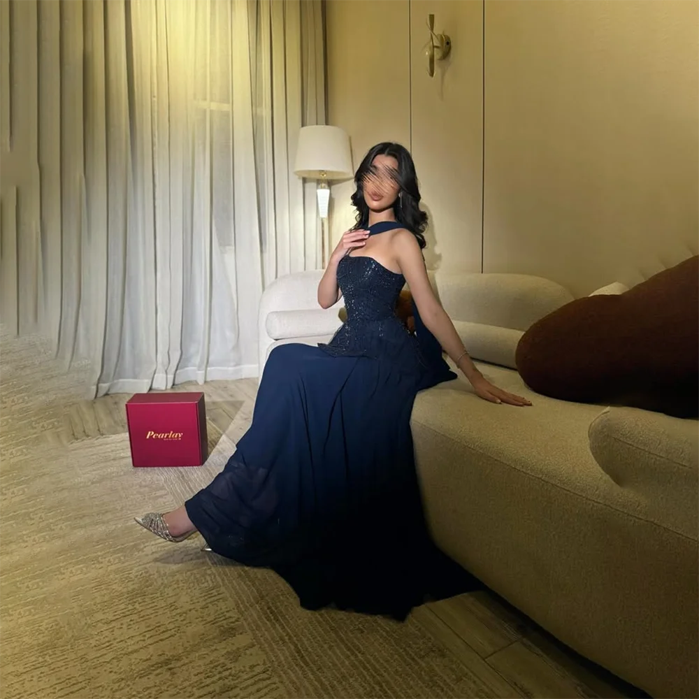 Navy Long Prom Dress Customized Sequined Jersey Strapless Evening Gowns with Scarf Pleated Chiffon A Line Formal Party Dresses