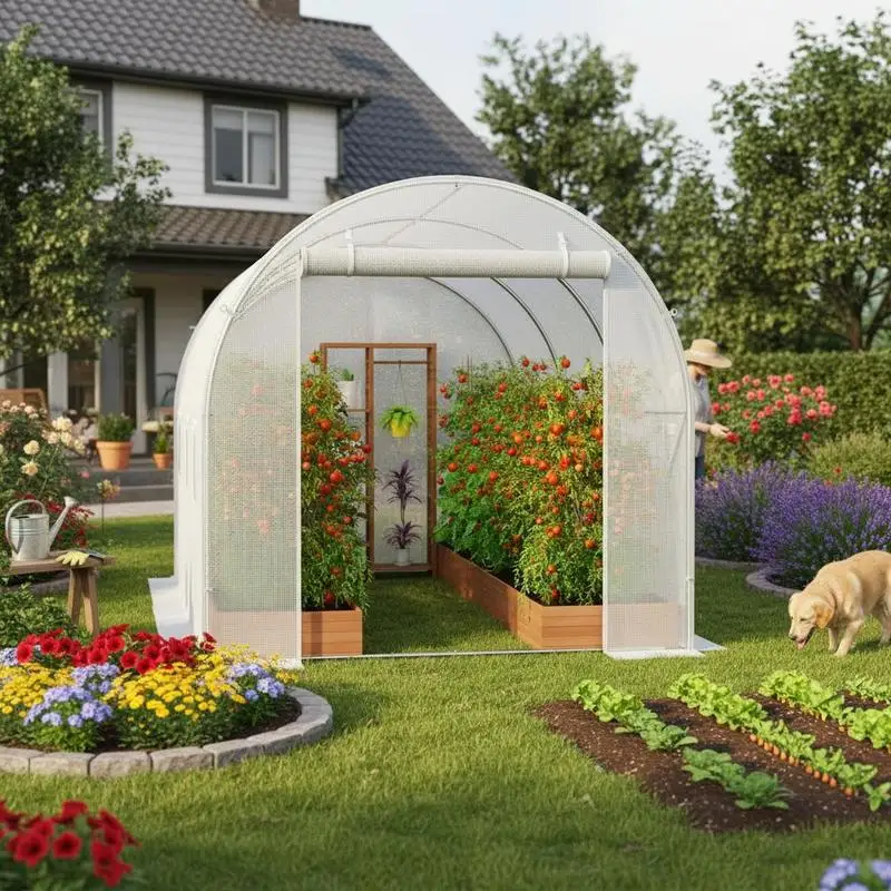 Plant Nursery Hot House 10x6x6ft For Backyard Garden Farm, Galvanized Steel Frame PE Mesh Cover Roll-up Windows Zipper Door White
