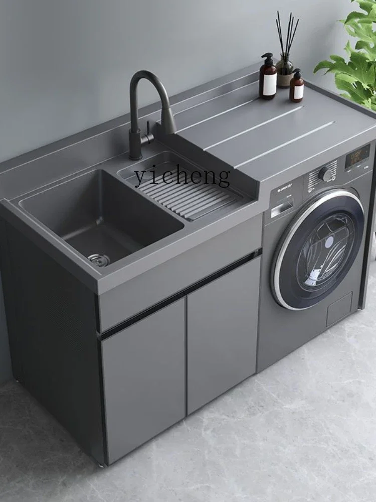 XL Washing Machine Cabinet Aluminum Balcony Combination Drum Laundry Tub Pool Table with Washboard All-in-One Cabinet