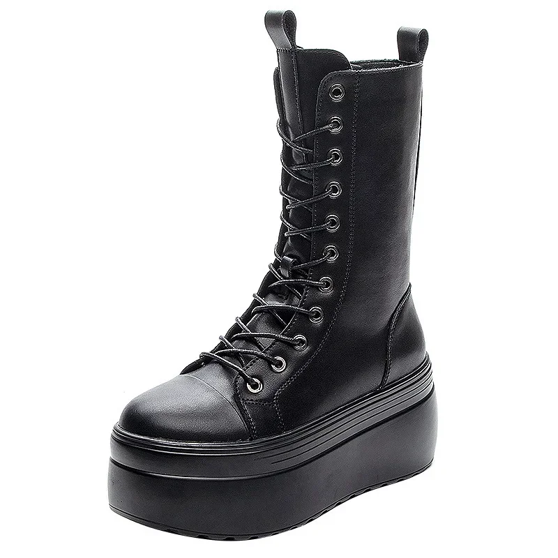 

High quality 8cm Winter Thick Sole Chunky Heel Shoes Boots Ankle Mid Calf Knee Leather High Boots Zipper Spring Autumn Booties