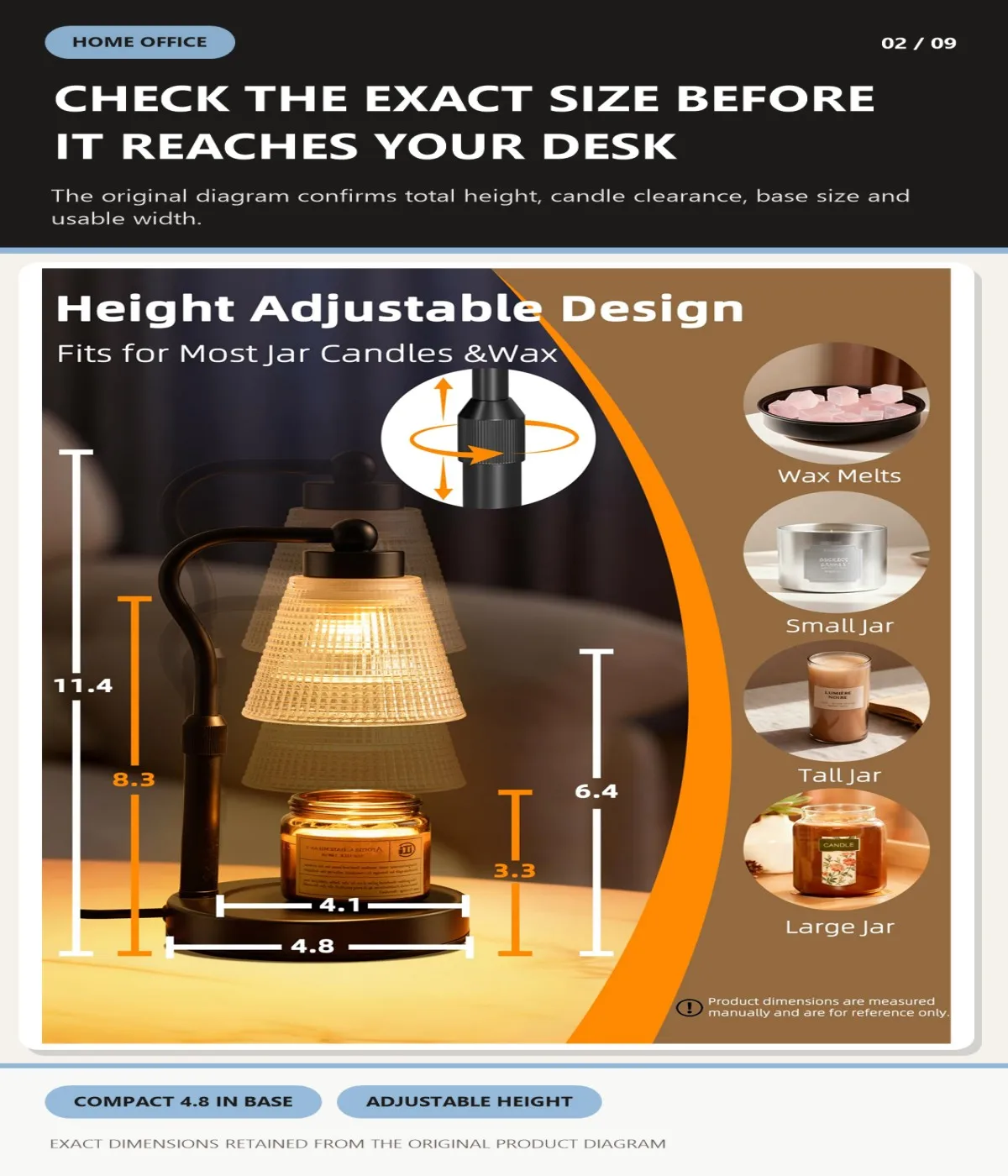 Candle Warmer Lamp for Yoga, Meditation & Self-Care, Height Adjustable Jar Candle Wax Melter with Soft 3-Level Dimming, 2/4/8H Timer and 2×50W GU10 Bulbs, Flameless Relaxing Bedroom Decor, Black-Clear